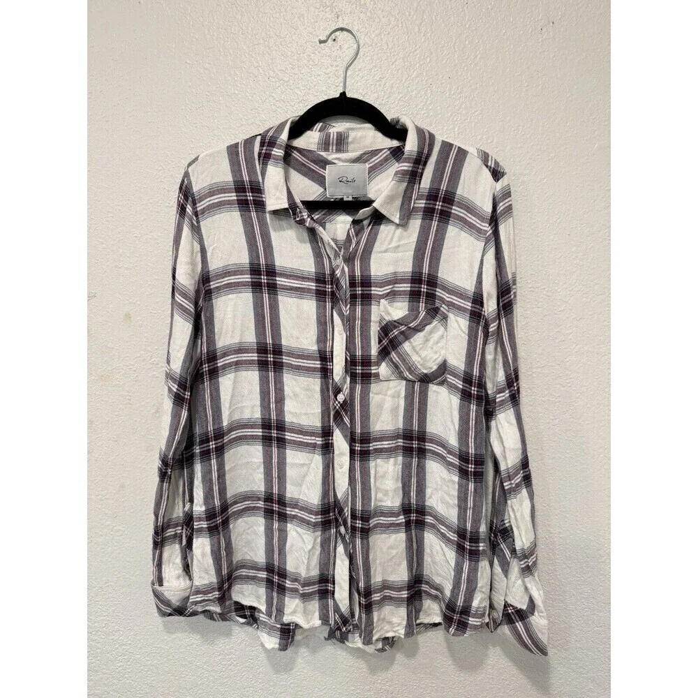 Rails Hunter Plaid Long Sleeve Button Down Top White Red Navy Medium Super Soft